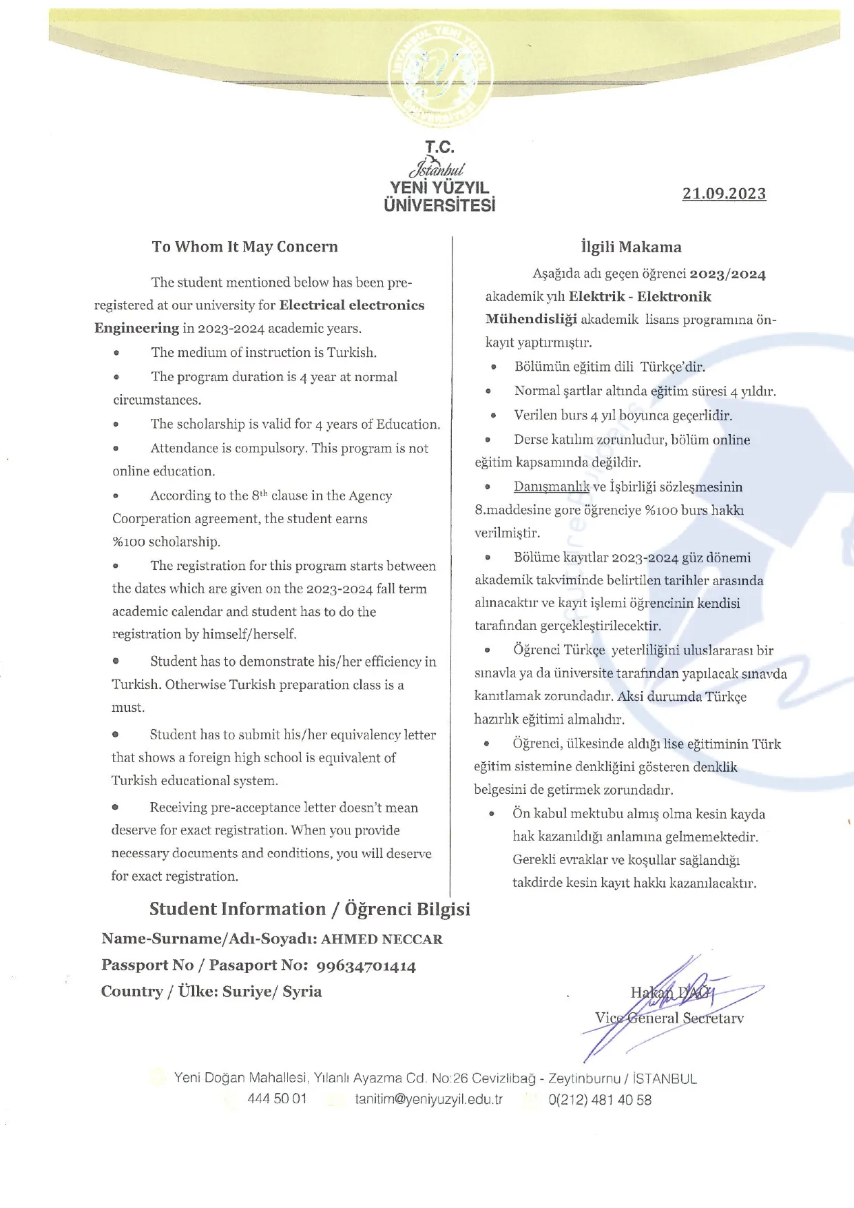 وثيقة قبول جامعي رسمية من جامعة يني يوزيل التركية