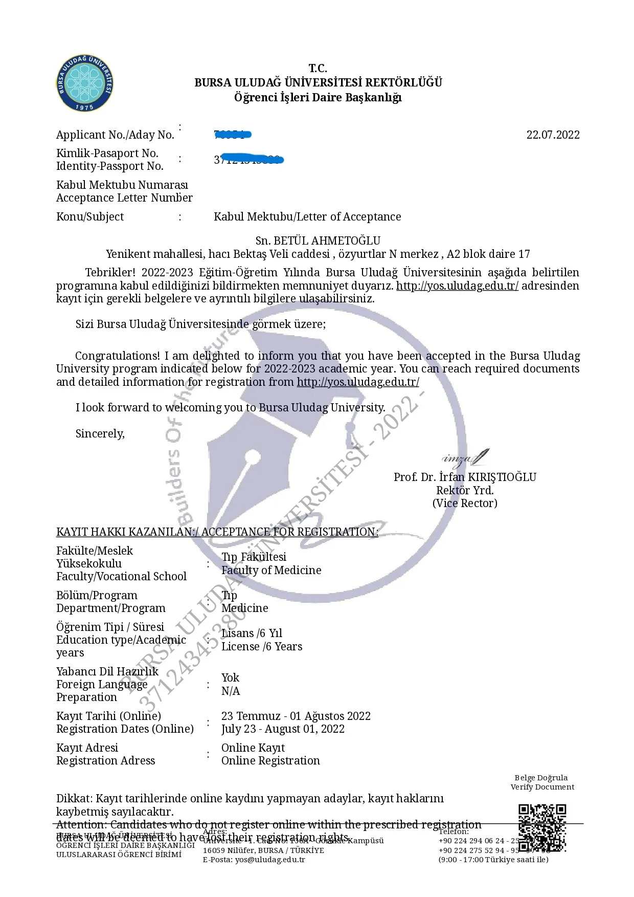 قبول طالب أجنبي في جامعة اولوداغ الحكومية ضمن القبولات الجامعية