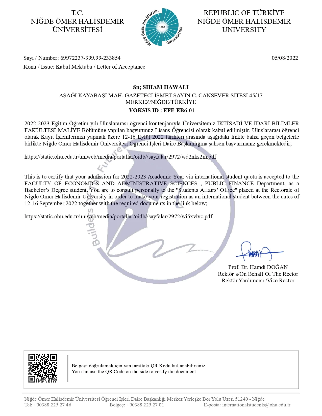 قبول جامعي صادر عن جامعة نيدا عمر خالص ديمير لطلاب دوليين