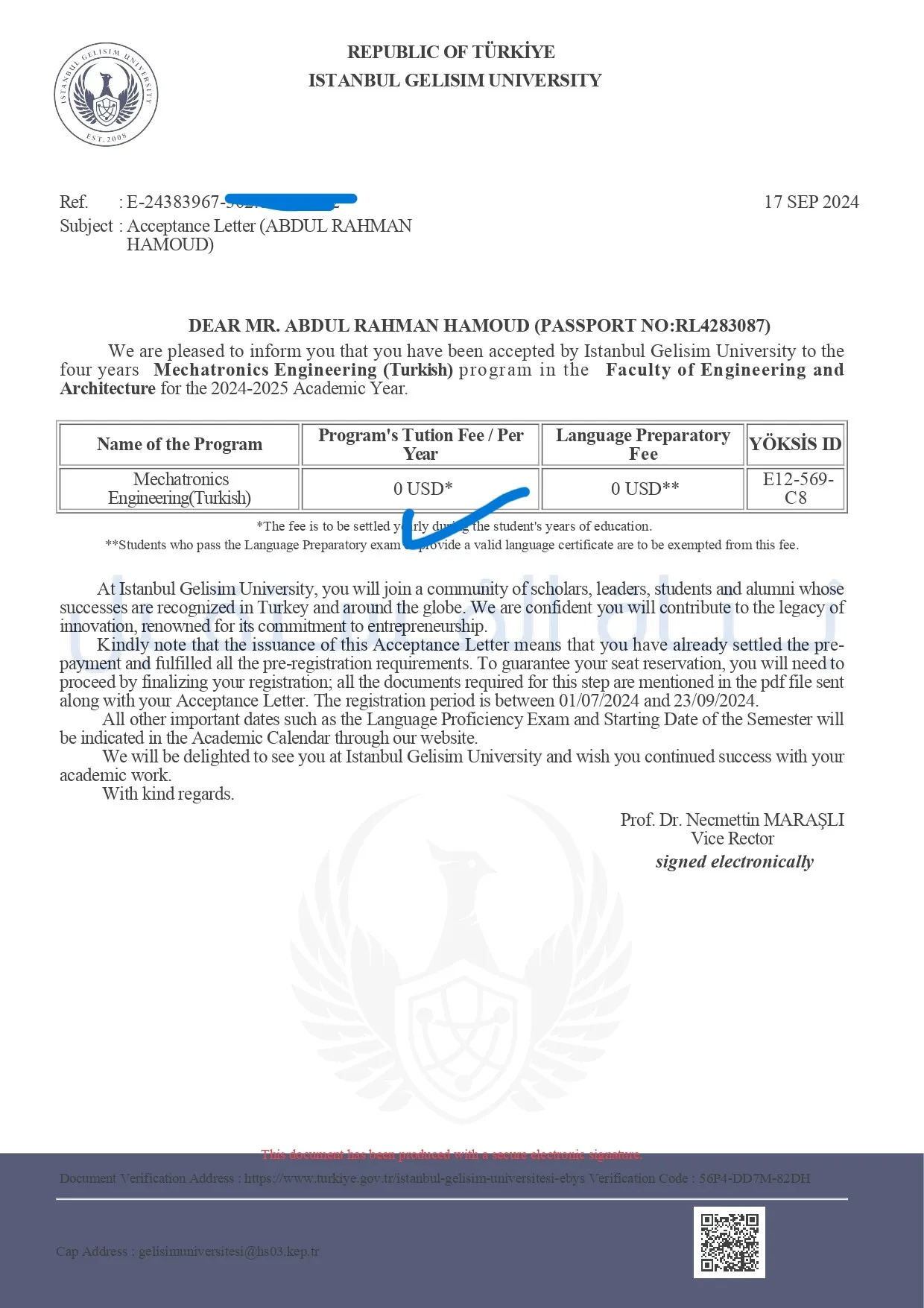 قبول منحة كاملة لطالب سوري في جامعة جيليشيم في تركيا