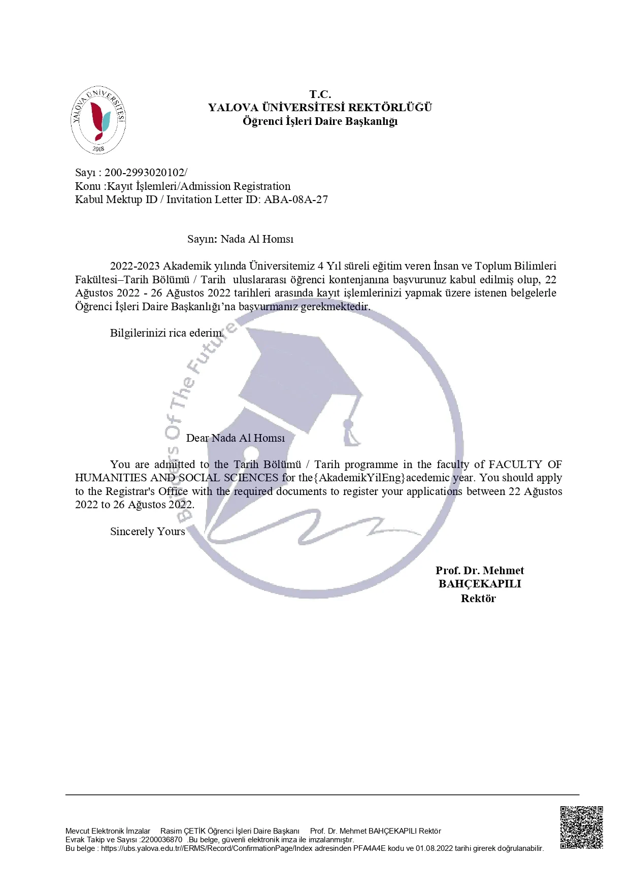 وثيقة قبول جامعي في جامعة يالوفا ضمن القبول الجامعي في تركيا