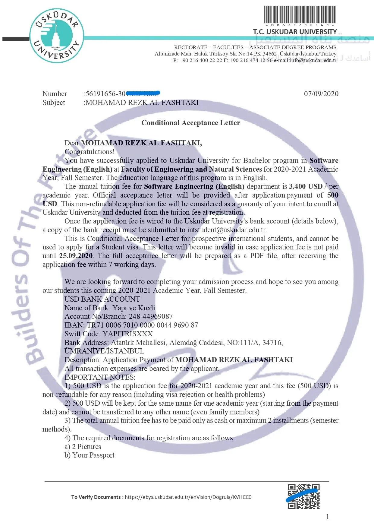 وثيقة قبول جامعي ماستر من جامعة اسكودار الخاصة في تركيا