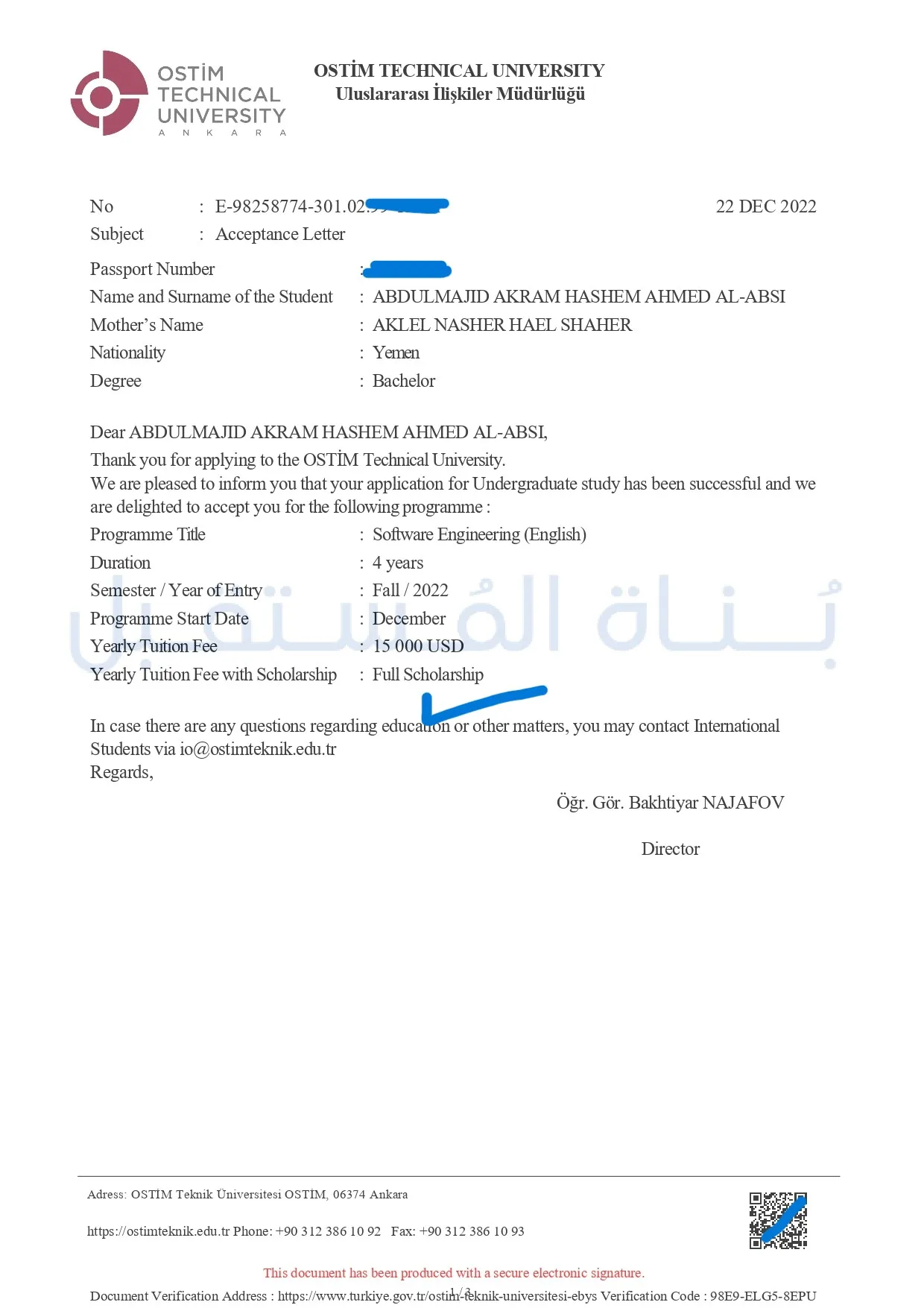 قبول جامعي صادر عن جامعة اوستيم التقنية في تركيا