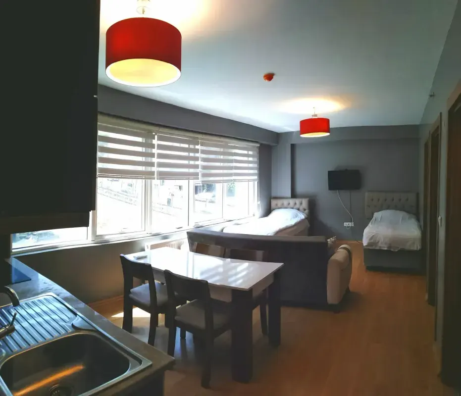 Open studio apartment combining kitchen, living area, and sleeping area
